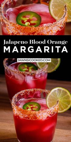 two glasses filled with blood orange margaritas and garnished with jalapenos