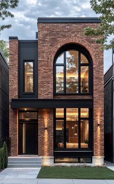 a brick house with large arched windows and black doors