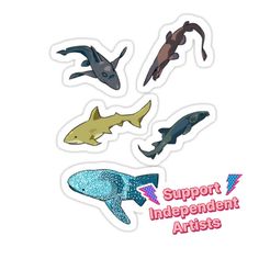 four different types of shark stickers on a white background with the words support independent artists