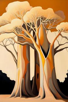 an abstract painting of trees in the desert