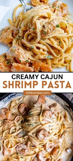 creamy cajun shrimp pasta in a skillet and topped with parmesan cheese