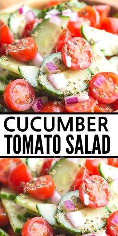 cucumber and tomato salad with text overlay