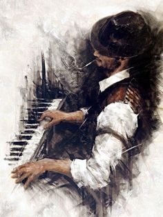 a painting of a man sitting at a piano with his hands on the keyboard and wearing a hat