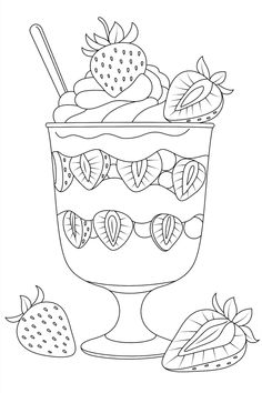 a coloring page with strawberries and ice cream in the bowl, on a white background