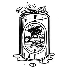 a can with a palm tree on it and the beach in the bottom half is drawn by hand