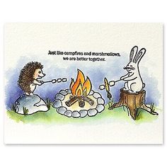 two hedgehogs are sitting around a campfire with marshmallows