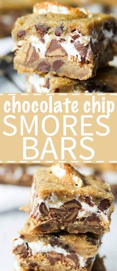 chocolate chip s'mores bars stacked on top of each other with text overlay