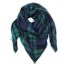 A warm soft knit triangle scarf featuring a blue and green plaid pattern, perfect for winter layering. Knit Triangle Scarf, Knit Triangle, Scottish Style, Blue And Green Plaid, Scottish Fashion, Plaid Blanket Scarf, Picnic Mat, Plaid Blanket, Triangle Scarf