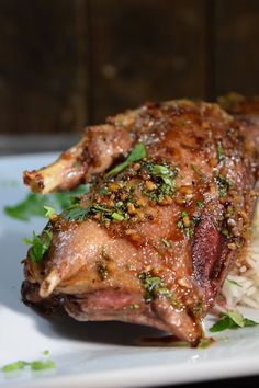 a piece of meat with parsley on top of rice and garnishes