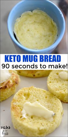 keto mug bread with cream in the middle and on top, next to an image of