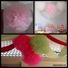 some pink and green tissue pom poms