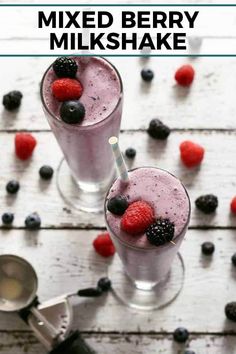 two glasses filled with mixed berry milkshake