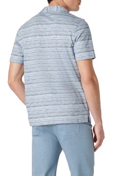 A varied-stripe knit brings versatile patterning to this handsome cotton polo styled with a casually laid-back open V-neck. Johnny collar Short sleeves 100% cotton Machine wash, dry flat Imported Casual Striped Polo Shirt For Summer, Casual Collared Top With Horizontal Stripes, Cotton Polo Collar Top With Horizontal Stripes, Casual Polo Collar Top With Horizontal Stripes, Casual Horizontal Stripe Polo Collar Top, Casual Summer Polo Shirt With Horizontal Stripes, Striped Cotton Polo Shirt For Spring, Casual Tops With Horizontal Stripe And Polo Collar, Casual Striped Cotton Polo Shirt