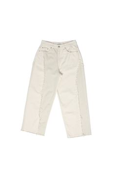 - Two toned denim pants with raw hem detail White Straight Leg Jeans With Contrast Stitching, White High-rise Flare Jeans With Frayed Hem, White High Rise Flare Jeans With Frayed Hem, White Mid-rise Pants With Frayed Hem, White High Waist Flare Jeans With Frayed Hem, White High-waist Flare Jeans With Frayed Hem, Fall Relaxed Fit Pants With Frayed Hem, White High-rise Cropped Jeans With Frayed Hem, White High Rise Cropped Jeans With Frayed Hem