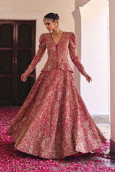 #indian #ensemble #winterwedding Jacket Style Lehenga Wedding, Lehenga With Jacket, Peplum Top Outfits, Mrunalini Rao, Jacket Lehenga, Raw Silk Lehenga, Designer Outfit, Pearl Embroidery, Brocade Dress