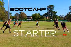 a group of people running across a field with the words boot camp written on it