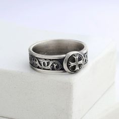 Cross man band ring has been carefully designed and handcrafted for you, inspired by gothic style. We presented our ring as white bronze (silver plated) or 925k sterling silver. This ring, which is suitable for daily use and at the same time very stylish, can be an anniversary gift or a memorial gift for your loved ones, and it will come properly packaged as a gift. As NuaSilverRings, we guarantee that we will help you with any problem. Materials : - 925k Sterling Silver or 925k Sterling Silver Gothic Sterling Silver Rings In Antique Silver, Silver Gothic Engraved Rings, Gothic Silver Engraved Ring, Antique Silver Gothic Sterling Silver Rings, Gothic Antique Silver Sterling Silver Rings, Medieval Style Silver Engraved Ring As Gift, Christian Engagement, Man Jewelry, Gothic Men