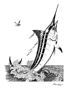 a black and white drawing of a sailfish jumping out of the water with another fish in the background