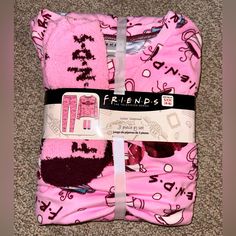 Friends Matching Pajama Set Size Small Long Sleeve Shirt Pants Socks Unopened/ Never Worn Cozy Pink Sets For Pajama Party, Cozy Pink Sets For Sleepover, Pink Matching Set Sleepwear For Bedtime, Pink V-neck Sets For Pajama Party, Fitted Pink Matching Set Sleepwear, Lounge Wear Black, Pink Monkey Pajamas, Pink Long Sleeve Sleepwear With Cartoon Print, Onesie Pajamas