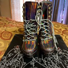 Brand New/Never Been Worn Size9 Color: Pewter/Bronze.With An Iridescent Hue Some Minor Imperfections (See Pics) 6inch Heel With 1.5inch Platform Trendy High-top Wedge Boots For Party, Wedge Ankle Boots, Bootie Boots, Ankle Boots, Wedges, Im Not Perfect, Women Shoes, Brand New, Heels