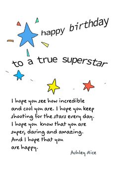 a birthday card with an image of stars and the words happy birthday to a true superstar