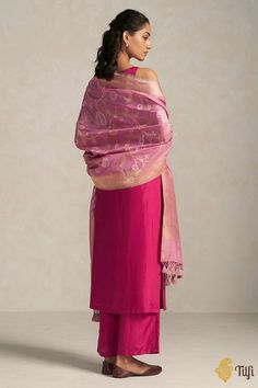 "\nAn effortlessly beautiful dupatta! It has a gracious floral pattern in roopa sona and antique zari and a\u00a0refined\u00a0border and aanchal, making it versatile and charming addition to any ensemble.\n\n\n\n\nColor\u00a0-\u00a0A delightful\u00a0shade of Pink\n\nTechnique\u00a0-  Fine cutwork Meenakari technique which\u00a0involves the painstaking addition of supplementary coloured resham threads during the hand-weaving process.\n\n\nFabric\u00a0- Pure Katan Silk by Georgette (Summer Silk)\n High-quality Pink Cotton Dupatta, Luxury Handloom Fusion Dupatta, Luxury Georgette Dupatta With Zari Weaving, Luxury Pink Tussar Silk Dupatta, Cheap Semi-stitched Handloom Dupatta, Luxury Pink Cotton Dupatta, Dupatta Styling, Plazo Pants, Partywear Suits