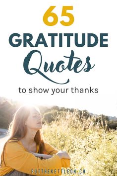 a woman sitting in the grass with text overlay that reads 65 gratitude quotes to show your