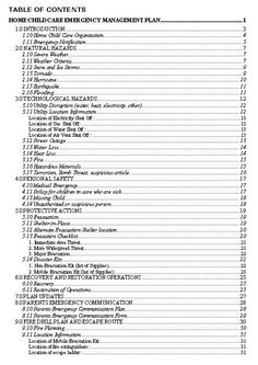 the table of contents for an emergency plan is shown in black and white, with numbers on