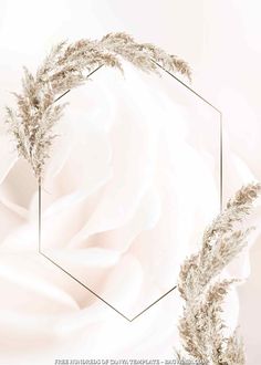 a white background with a hexagonal frame and some plants in the corner on top of it