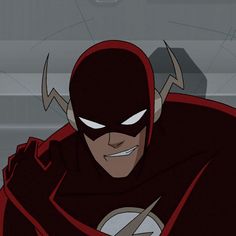 an animated image of a man in a red suit with horns on his head and eyes wide open