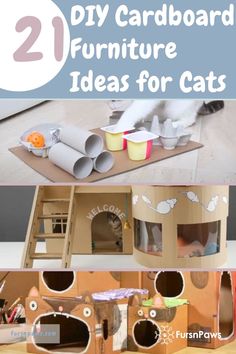 cardboard furniture made to look like cats with the words diy cardboard furniture ideas for cats