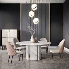 an elegant dining room with marble flooring and black walls, round table surrounded by white chairs