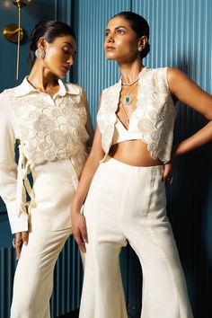 Ivory silk jacket with circle embroidered patterns, embellished by pearls, crystals and beads. Comes with inner bustier and flared pant. - Aza Fashions Embroidered Patterns, Embellished Jacket, Open Sleeve, Beaded Neckline, Ivory Silk, Silk Jacket, Pants Pattern, Pant Set, Embroidered Silk