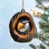 an ornament hanging from a tree in the snow