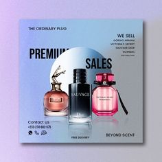 an advertisement for the ordinary plus perfumes is shown in front of a purple background