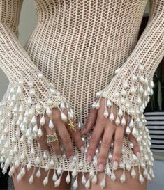 Beading On Clothes, Off White Aesthetic, Designer Fits, Designer Aesthetic, Mode Crochet, Knit Dresses, Beaded Crochet, Looks Party, Pearl Dress