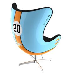 an orange and blue chair with the number 20 on it's back end is shown