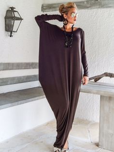 Brown Maxi Long Sleeve Dress / Brown Kaftan / by SynthiaCouture Maxi Long Sleeve Dress, Comfortable Maxi Dresses, Brown Maxi Dresses, Grey Maxi Dress, Red Dress Maxi, Maxi Robes, Maxi Dresses Casual, Loose Dress, Brown Dress