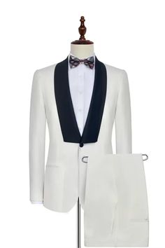 Mens Black Knife Neck Classic White Wedding Suit | One Button Wedding Tuxedo | Bradymensuit White Wedding Suits For Men, Classic White Wedding, Black Knife, Wedding Suits For Men, White Wedding Suit, White Shawl, Custom Made Suits, Wedding Suits Groom, Designer Suits For Men