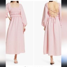 Sz 8 Sold Out! Nordstrom Rack Midi Dress Spring Pink Midi Dress With Smocked Back, Pink Smocked Back Midi Dress, Pink Smocked Dress With Puff Sleeves And Gathered Details, V-neck Maxi Dress With Smocked Cuffs, Pink V-neck Maxi Dress With Smocked Bodice, Puff Sleeves Dress, Dresses Backless, Nordstrom Rack, Spring Dresses