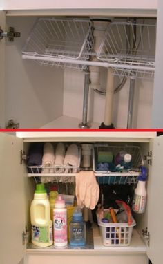 two pictures of the inside of a kitchen cupboard with cleaning products and dishes in it