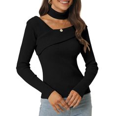 Stay cozy and stylish this season with this solid, ribbed knit, casual sweater. The v-neck slim-fit sweater top features a trendy choker neckline that adds a touch of chic to your look. It's perfect for pairing with your favorite high-waisted jeans or skirt, making it a versatile addition to your wardrobe. Whether you're heading out for a night on the town or attending a special occasion, this v-neck slim-fit sweater top with a bold choker neckline is sure to make a statement and turn heads. Trendy Tops With Ribbed Collar For Fall, Solid Knit Tops For Fall, Solid Ribbed Knit Top For Layering, Trendy Tops With Ribbed Neckline For Winter, Trendy Winter Tops With Ribbed Neckline, Fitted Knit Top With Ribbed Collar For Winter, Ribbed Knit Top For Fall Layering, Winter Fitted Knit Top With Ribbed Collar, Chic Winter Knit Top With Ribbed Neckline