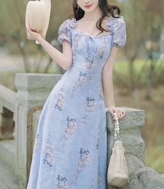 Betsy Blue Romantic Cottage Fairy Dress Fairycore Outfit Blue, Vintage Aesthetic Dress, Romantic Blue, Deer Doll, Fairycore Dress, Fairycore Aesthetic, Cottage Fairy, Flowing Fabric, Aesthetic Dress