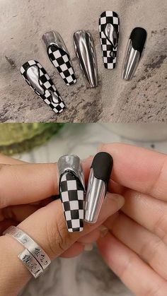 Summer Nails 2023 Trends, Black And White Checkered Nails, White Checkered Nails, Racing Nails, Acrylic Nail Art Designs, Nails 2023 Trends, Summer Nails 2023, Checkered Nails, Quick Nail Art