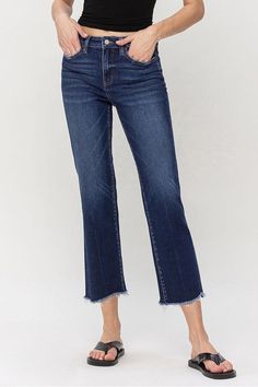 Dark Wash High Rise Jeans With Frayed Hem, High Rise Dark Wash Cropped Jeans With Frayed Hem, Fall Cropped Denim Jeans With Frayed Hem, Fall Cropped Jeans With Frayed Hem, Dark Wash Straight Leg Jeans With Frayed Hem, Trendy Dark Wash Cropped Jeans With Frayed Hem, Denim Blue Cropped Jeans With Frayed Hem For Fall, Fall Cropped Denim Blue Jeans With Frayed Hem, Medium Wash Denim Flare Jeans With Frayed Hem