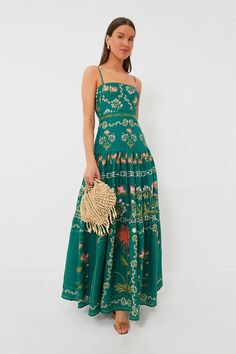 Esmeralda Lima Maxi Dress | AGUA BY AGUA BENDITA Emerald Background, Esmeralda Dress, Sundress Season, 50th Clothing, Tropical Prints, Unique Shapes, Cocktail Attire, Embroidered Maxi Dress, Linen Maxi Dress