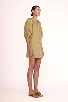 MINI VINCENT DRESS | KHAKI - STAUD Spring Flats, Custom Handbags, Cotton Poplin Dress, Cotton Poplin Fabric, Open Toed Heels, Poplin Dress, Khaki Dress, Button Down Dress, Balloon Sleeves