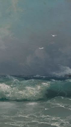 an oil painting of the ocean with birds flying in the sky and waves crashing on it