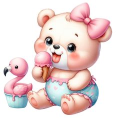 a cartoon bear eating an ice cream cone next to a pink flamingo