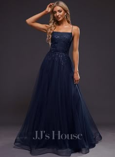 A-line Straight Floor-Length Tulle Prom Dresses With Sequins (018289790) Blue Grad Dresses, Midnight Blue Prom Dresses, 8th Grade Prom Dresses, Winter Prom Dresses, Flowy Prom Dresses, Navy Prom Dresses, Tulle Prom Dresses, Navy Blue Prom Dresses, Sparkly Prom Dresses